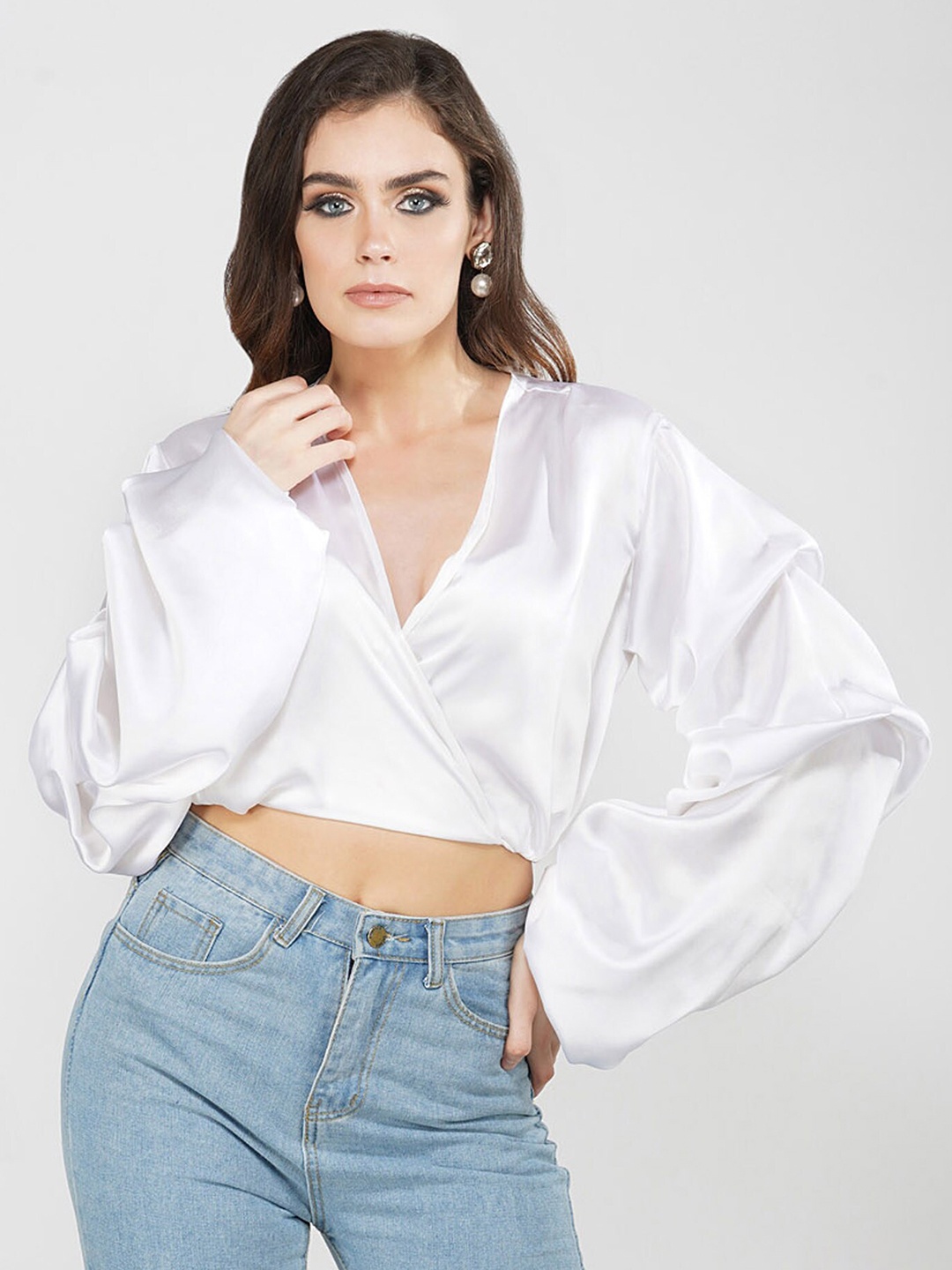 

ATTIC SALT Bishop Sleeves Satin Wrap Crop Top, White