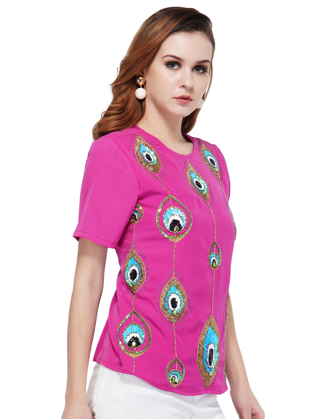 

ATTIC SALT Embellished Round Neck Top, Pink