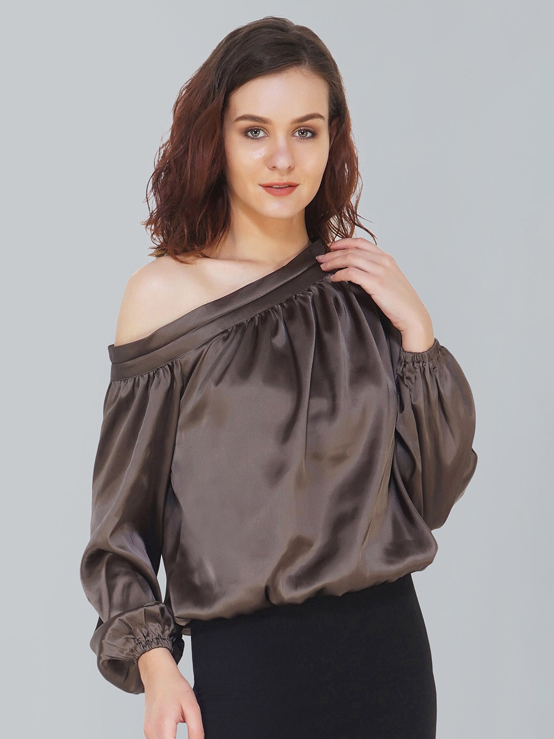 

ATTIC SALT Grey One Shoulder Cold-Shoulder Sleeves Gathered And Pleated Top