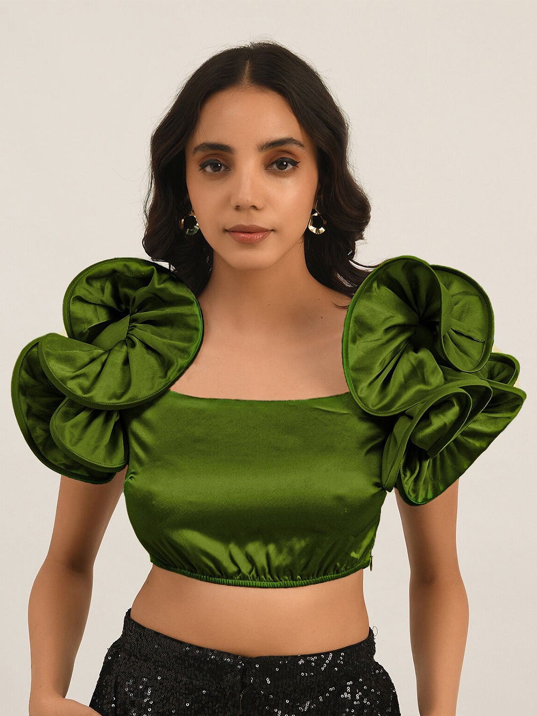 

ATTIC SALT Square Neck Puff Sleeves Georgette Crop Top, Green