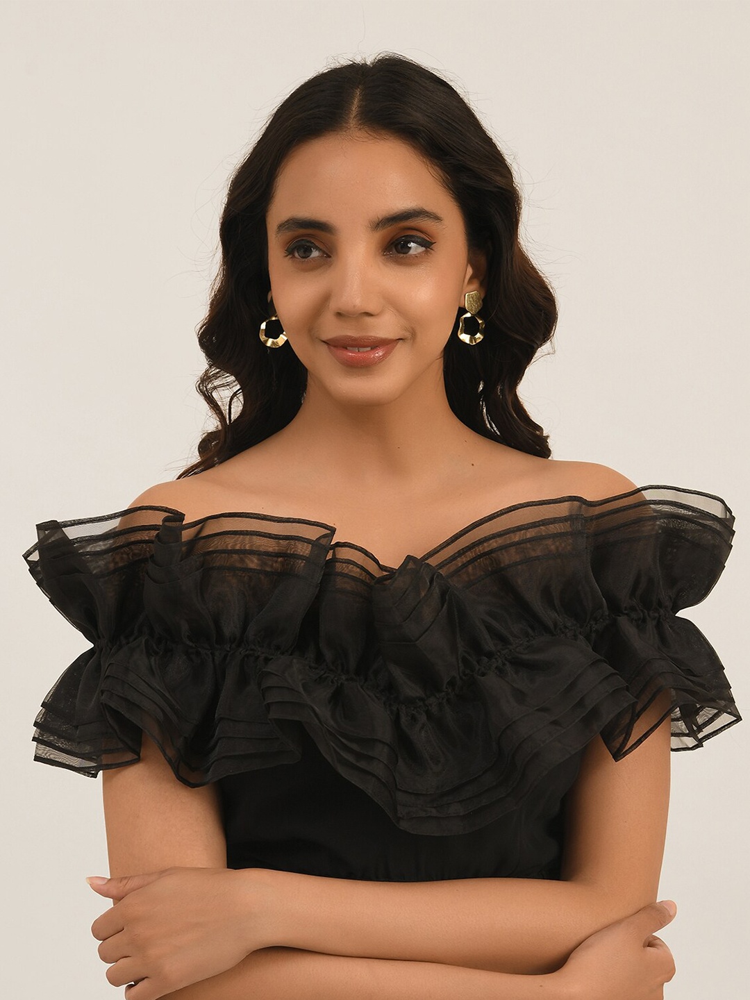 

ATTIC SALT Off-Shoulder Ruffled Georgette Bardot Crop Top, Black