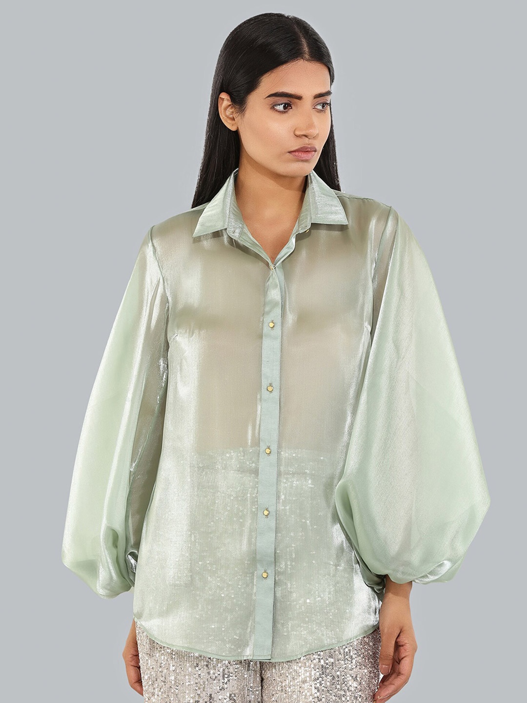 

ATTIC SALT Shirt Collar Puff Sleeves Shirt Style Top, Green
