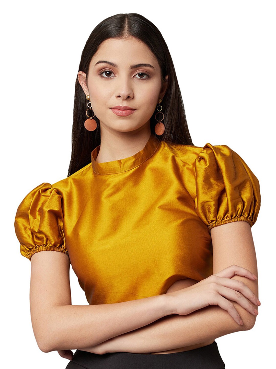 

ATTIC SALT High Neck Puff Sleeves Crop Top, Mustard