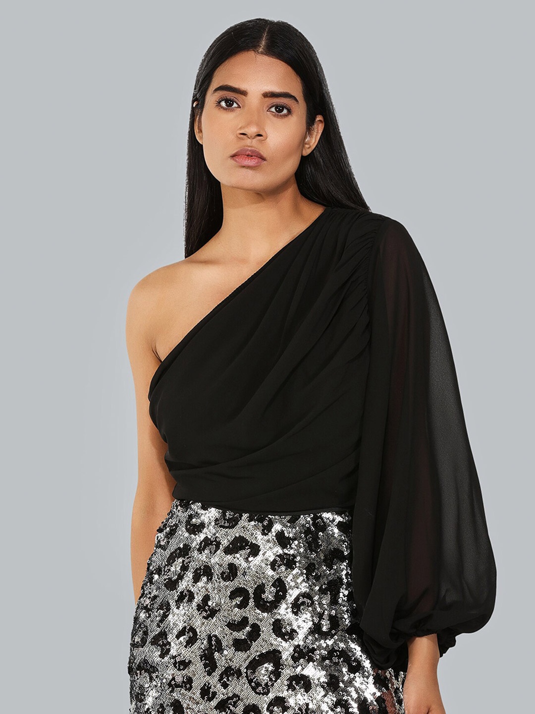 

ATTIC SALT One Shoulder Georgette Top, Black