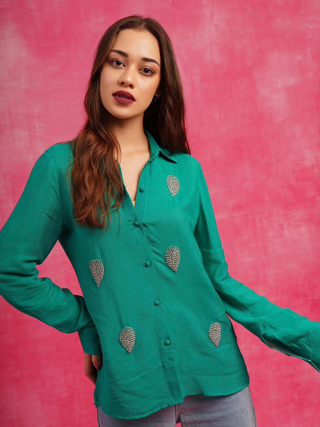 

ATTIC SALT Embellished Shirt Collar Shirt Style Top, Green