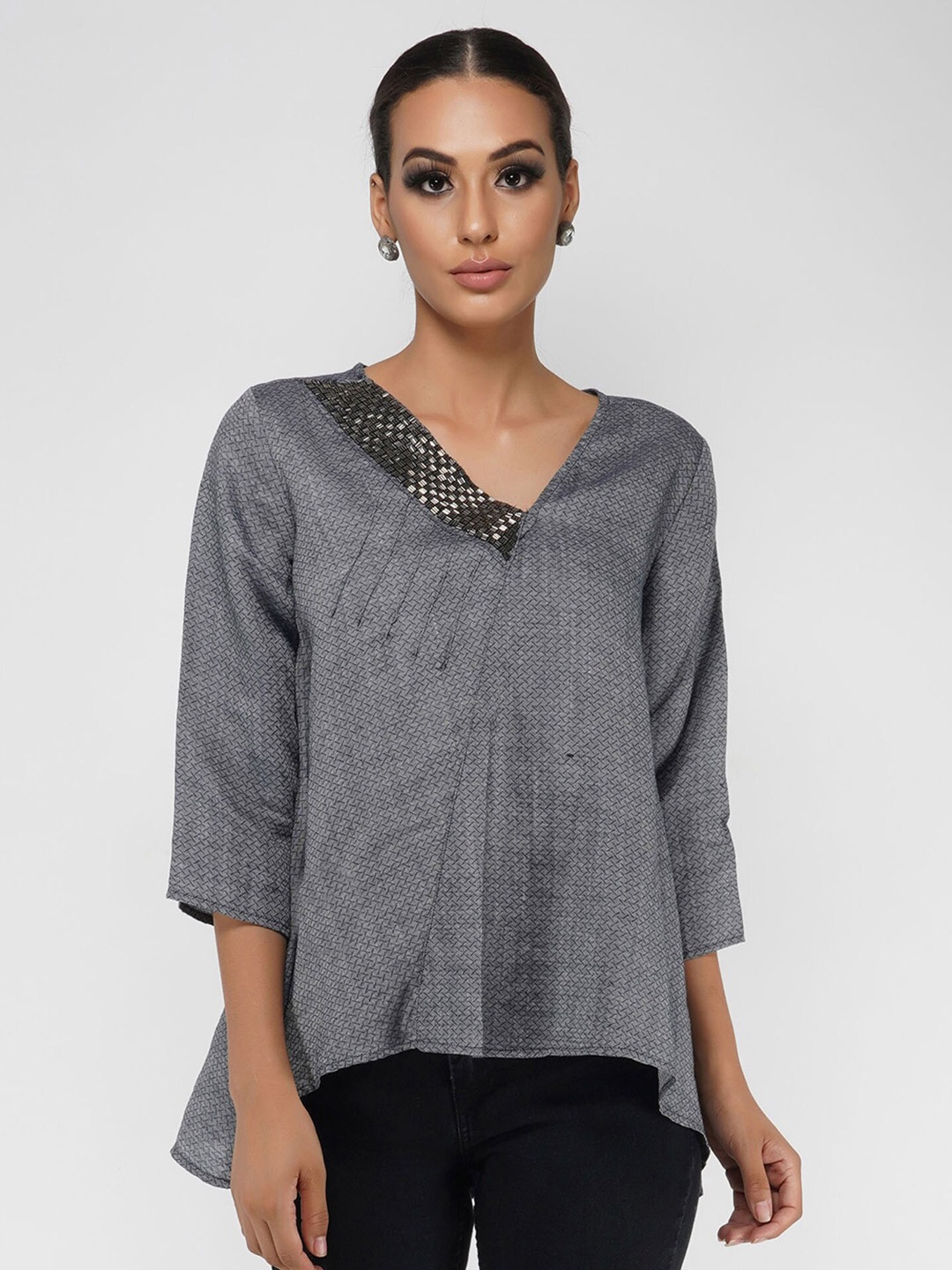 

ATTIC SALT Self Design V-Neck Beaded Deatailed Linen Top, Grey