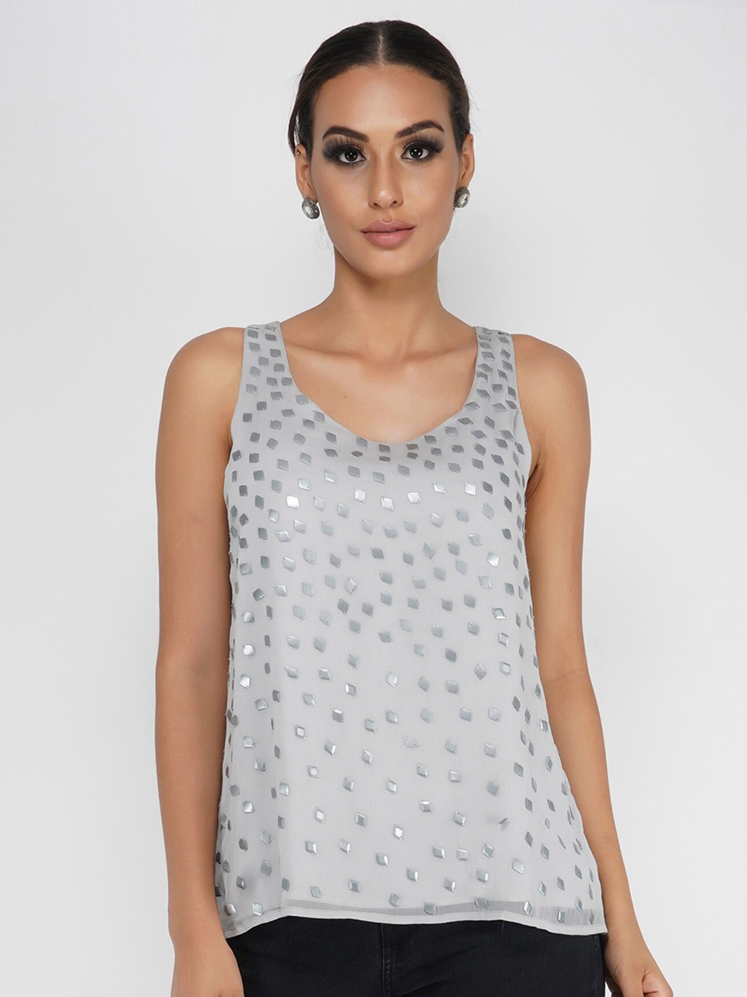 

ATTIC SALT Embellished Round Neck Sleeveless Sequined Top, Grey