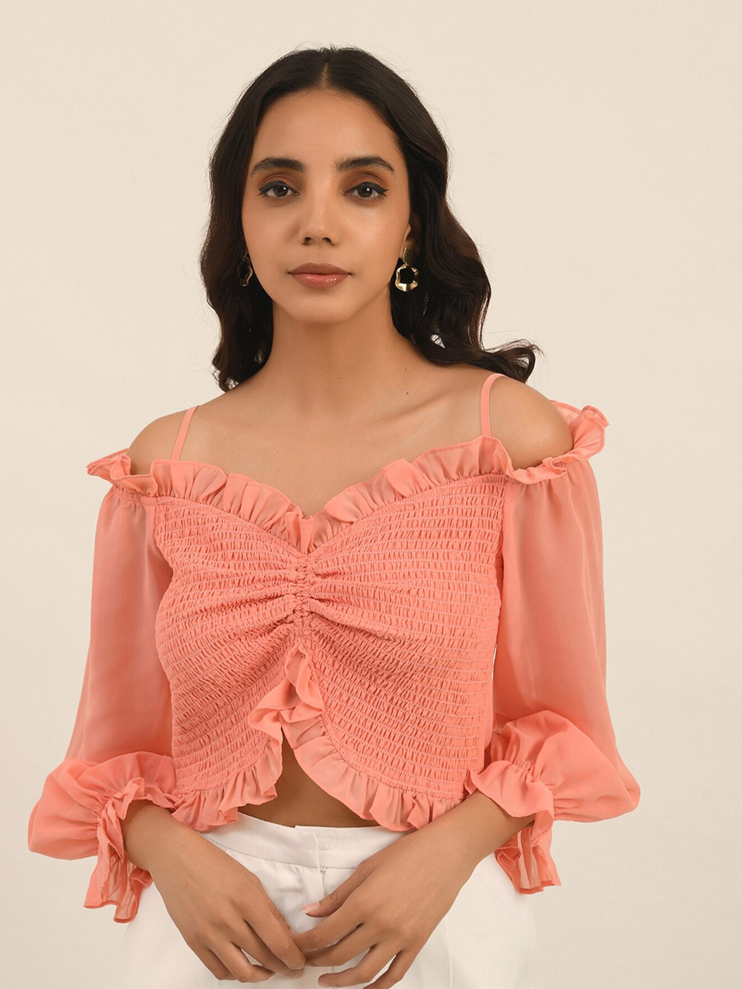 

ATTIC SALT Shoulder Straps Bell Sleeves Smocking Georgette Vacay Top, Peach