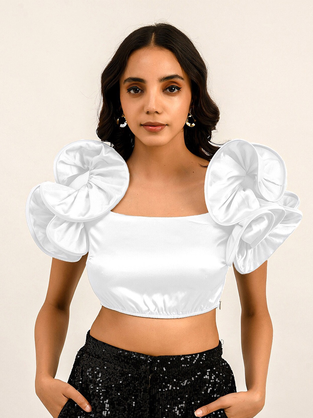 

ATTIC SALT Flutter Sleeve Satin Crop Top, White