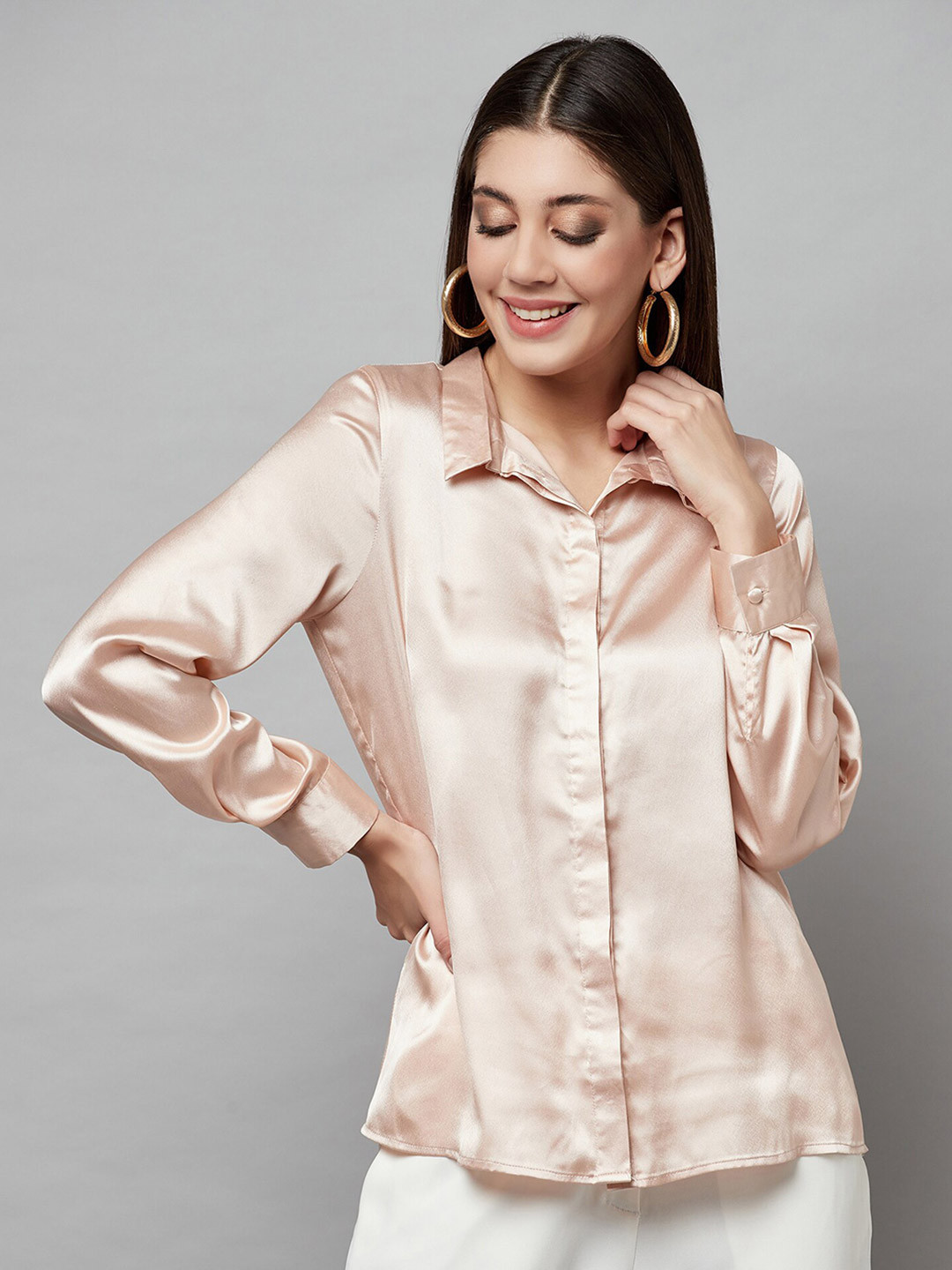 

ATTIC SALT Spread Collar Satin Casual Shirt, Nude