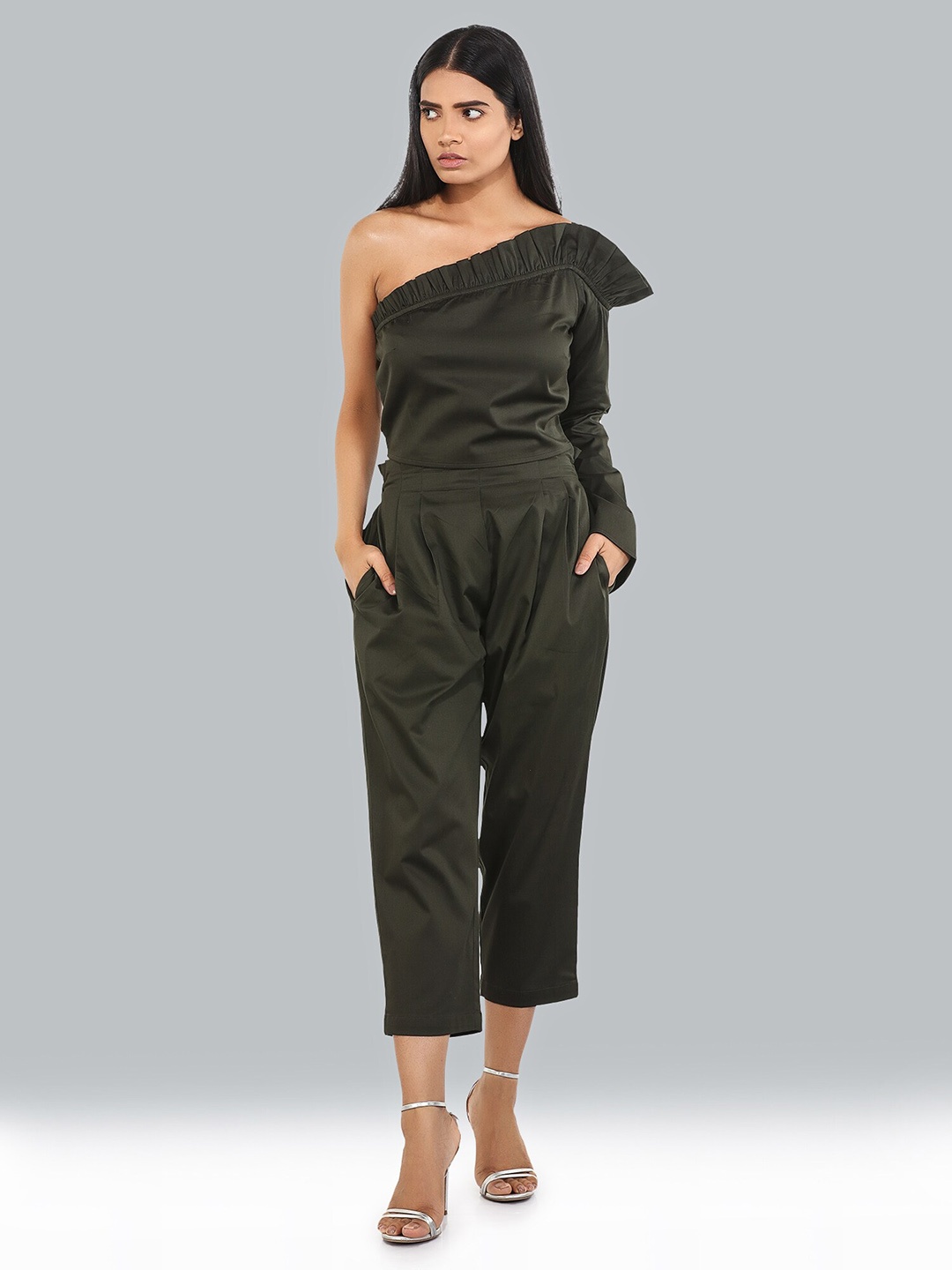 

ATTIC SALT One Shoulder Ruffled Crop Cotton Party Top, Green