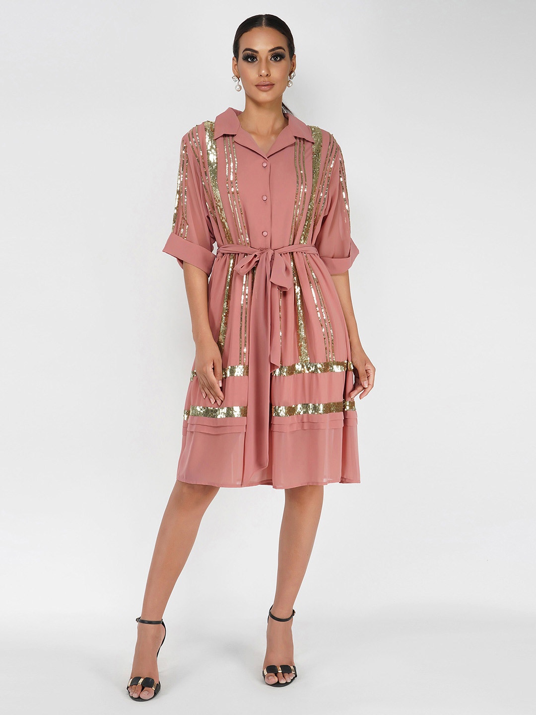 

ATTIC SALT Embellished Shirt Collar Sequined Details Shirt Dress, Pink