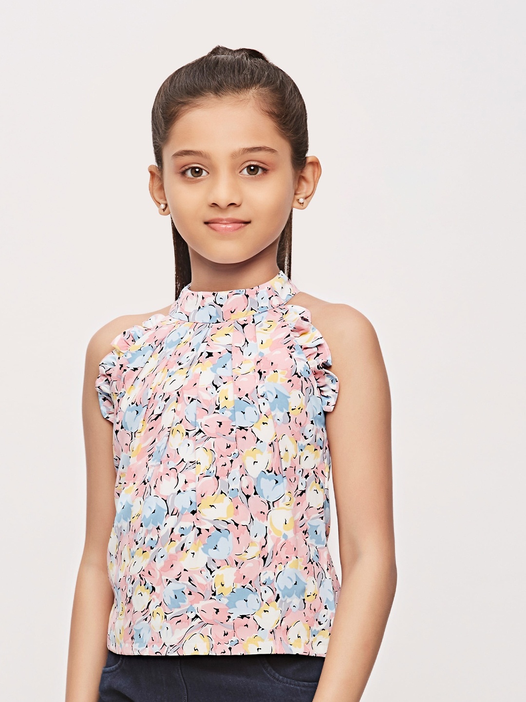 

Tiny Girls Floral Printed Gathered Or Pleated Regular Top, Pink