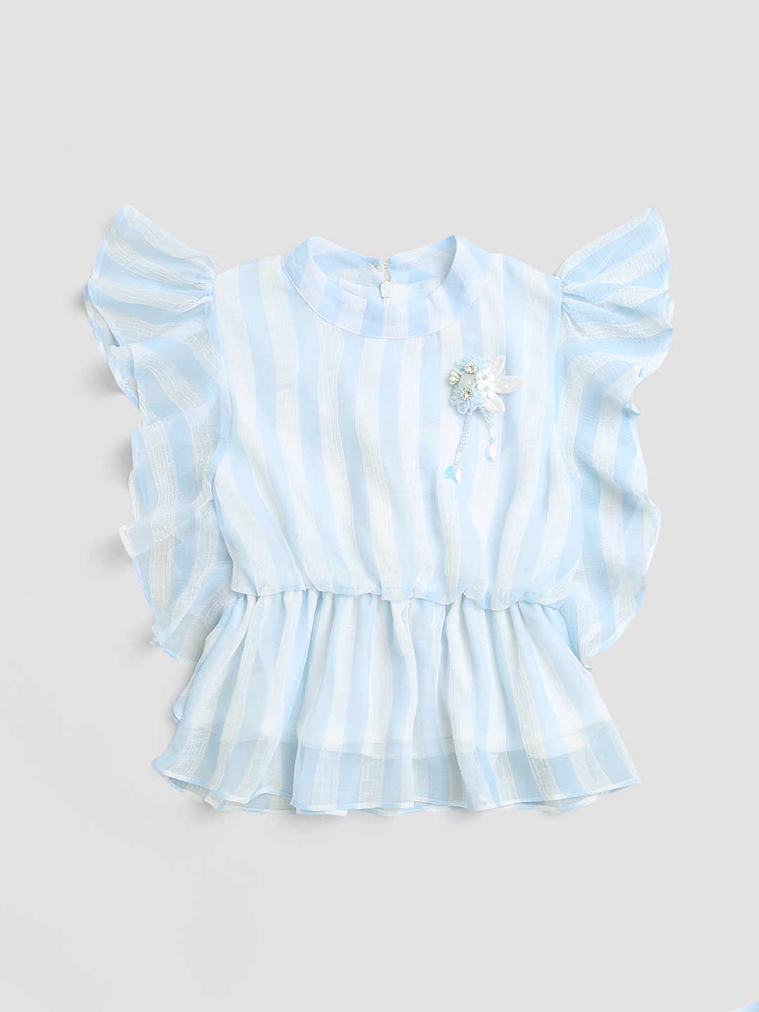 

Tiny Girl Striped Gathered Or Pleated Ruffles Peplum Top, Blue