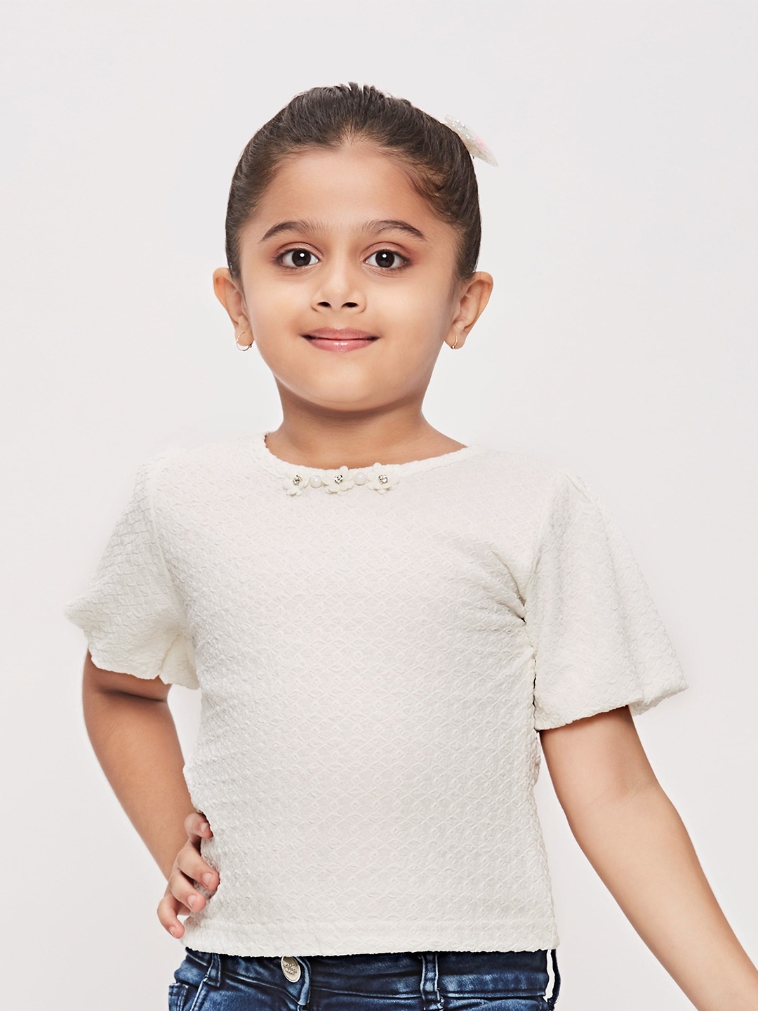

Tiny Girls Round Neck Regular Top, White