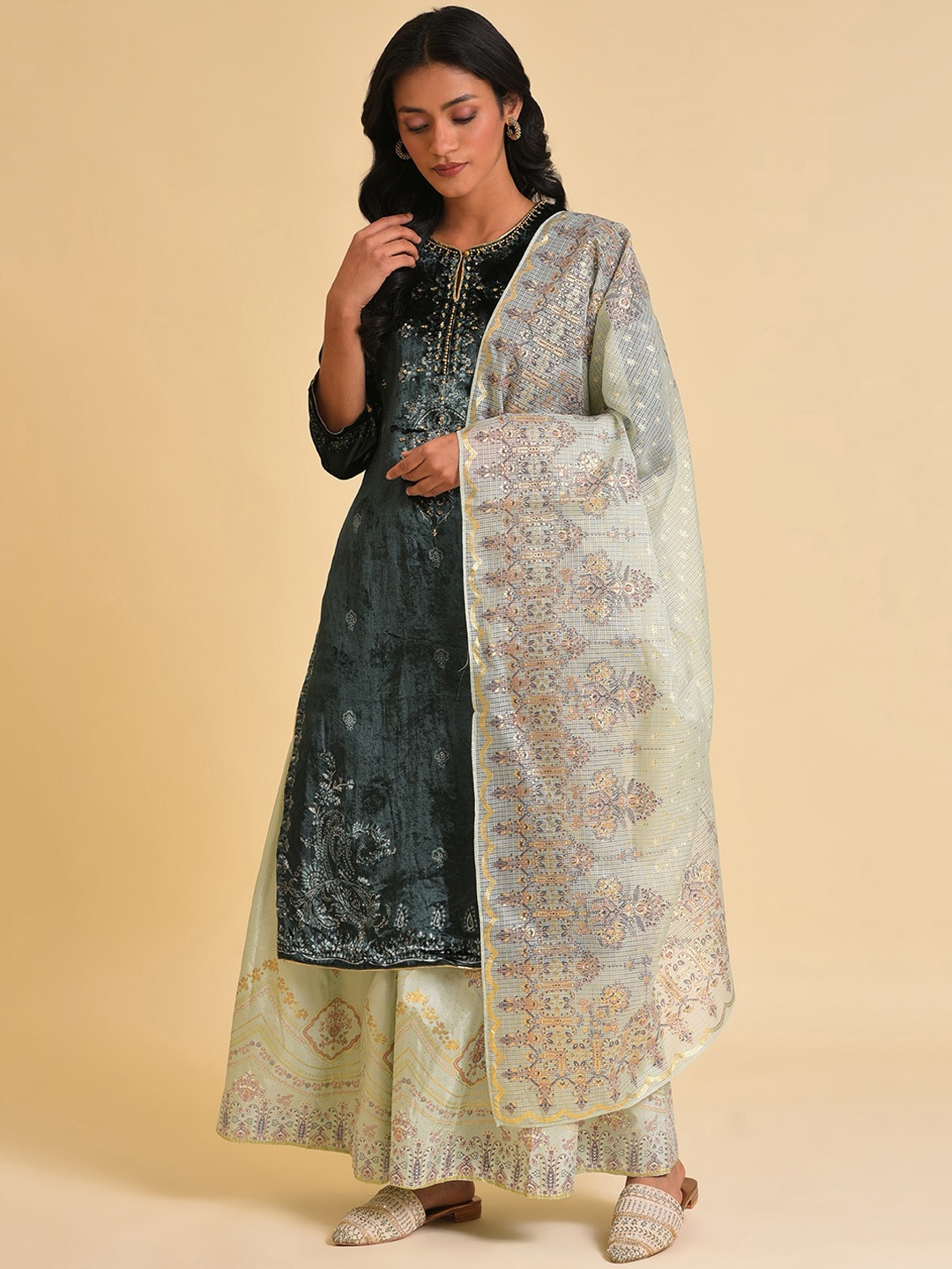 

WISHFUL Floral Printed Kurta With Sharara & Dupatta, Green