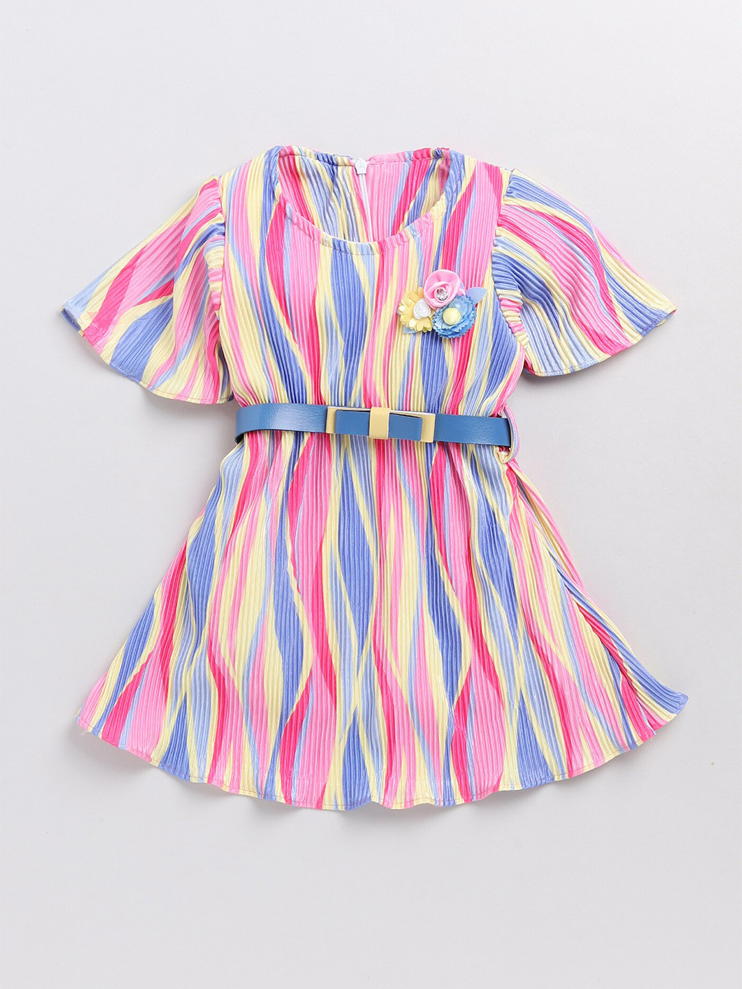 

Toonyport Girls Striped Flared Sleeves Cotton Fit & Flare Party Dress, Pink