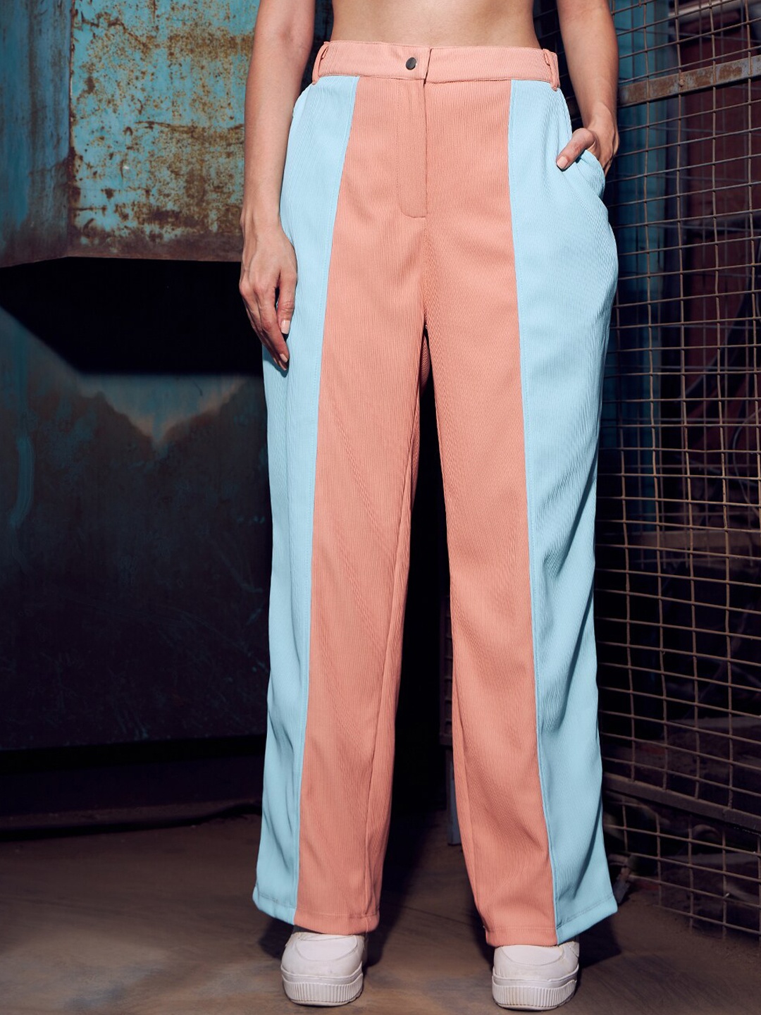 

KASSUALLY Women Peach & Blue Colourblocked Parallel Trousers