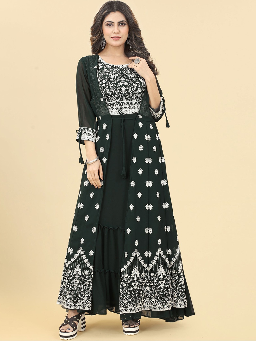 

KALINI Embroidered Georgette Maxi Ethnic Dress, Green