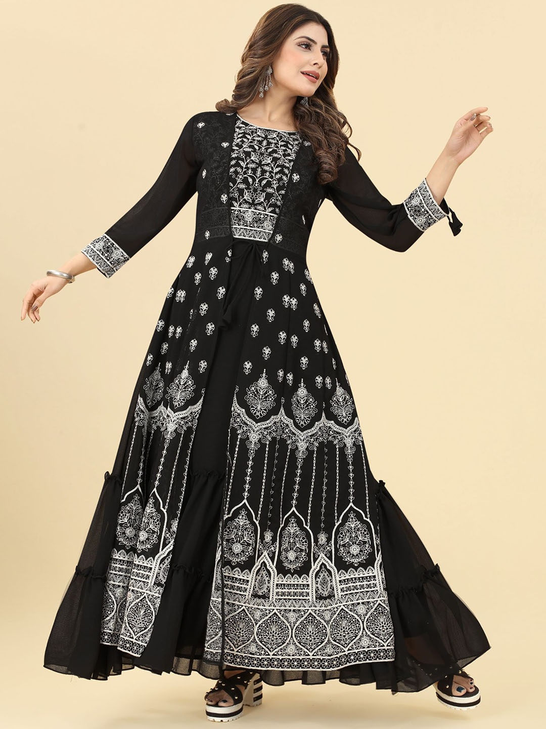 

KALINI Embroidered Georgette Maxi Dress, Black