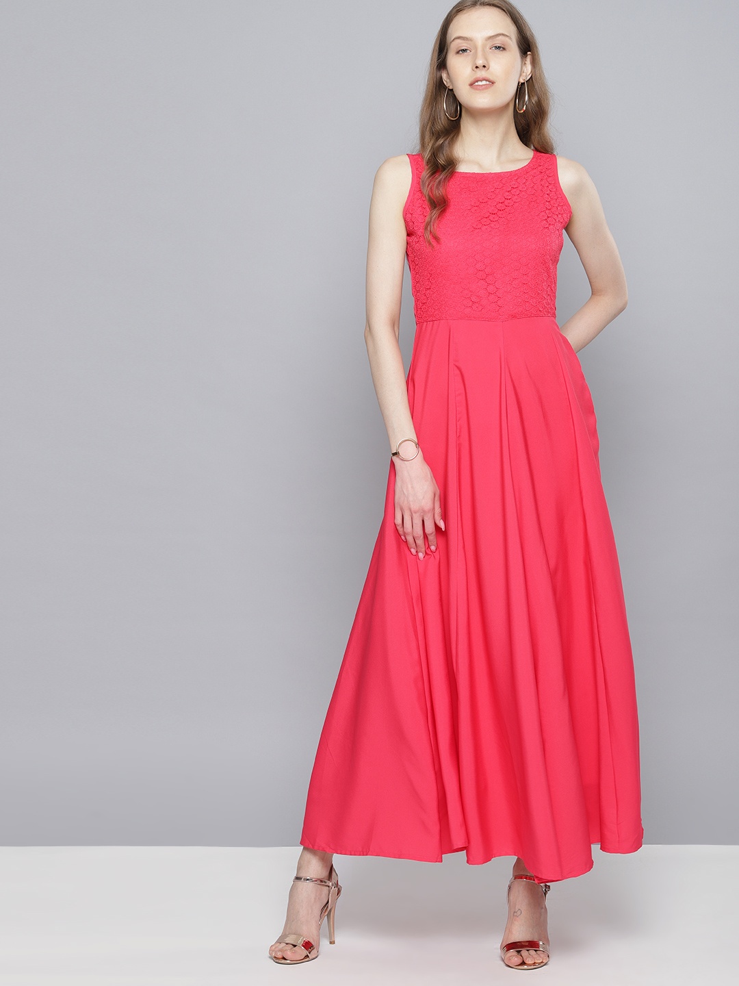Basics By Tokyo Talkies Women Coral Pink Solid Maxi Dress