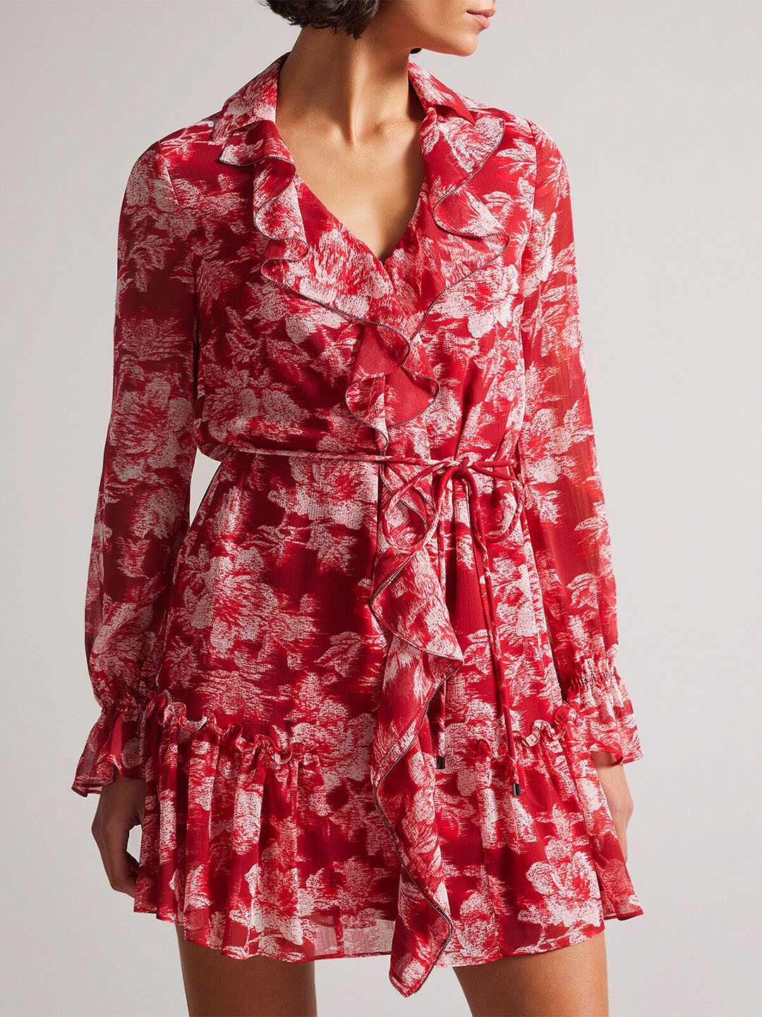 

Ted Baker Floral Printed Shirt Collar Ruffled Mini Shirt Dress, Red