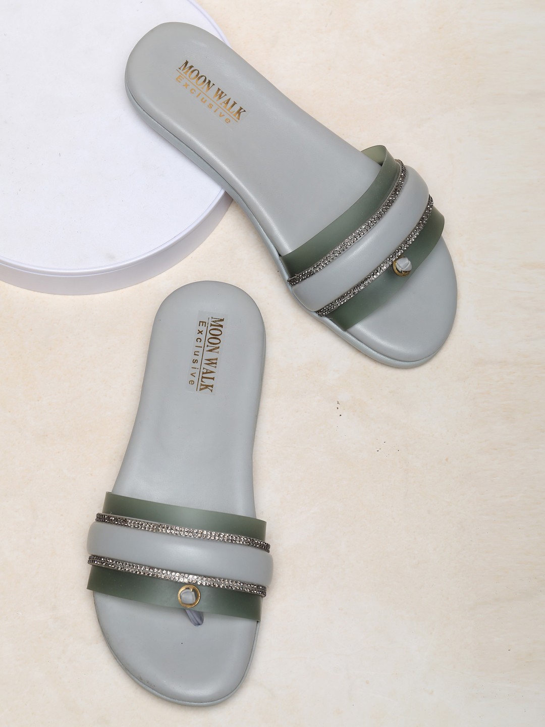 

Moonwalk Embellished Open Toe Flats, Olive