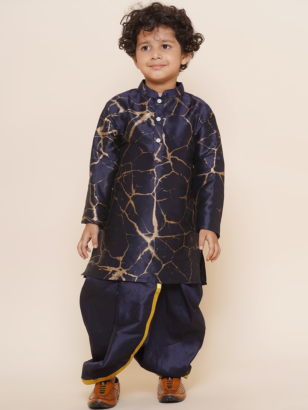

Sethukrishna Boys Mandarin Collar Abstract Printed Kurta with Dhoti Pants, Navy blue