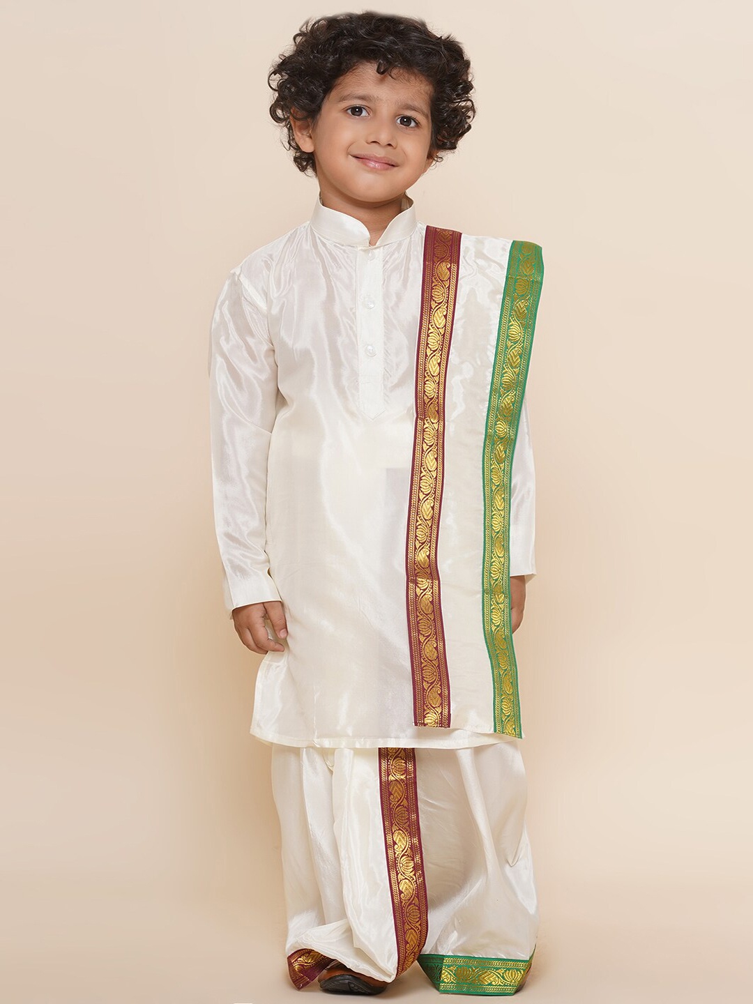 

Sethukrishna Boys Mandarin Collar Kurta with Dhoti Pants & Angavastram, Off white