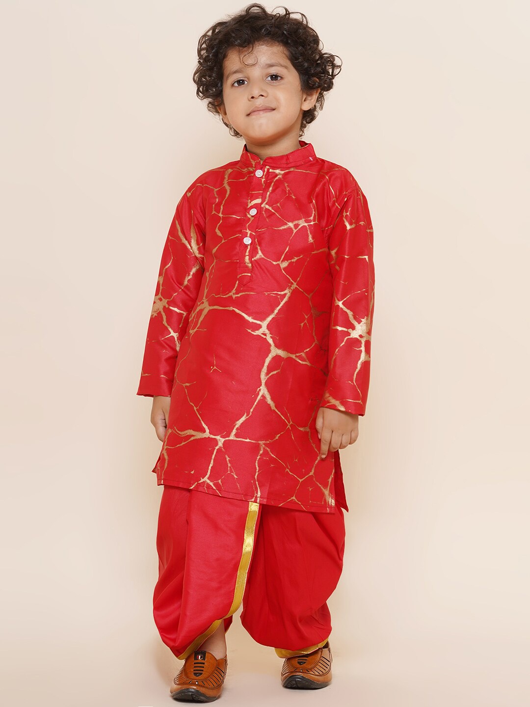 

Sethukrishna Boys Mandarin Collar Abstract Printed Kurta with Dhoti Pants, Red