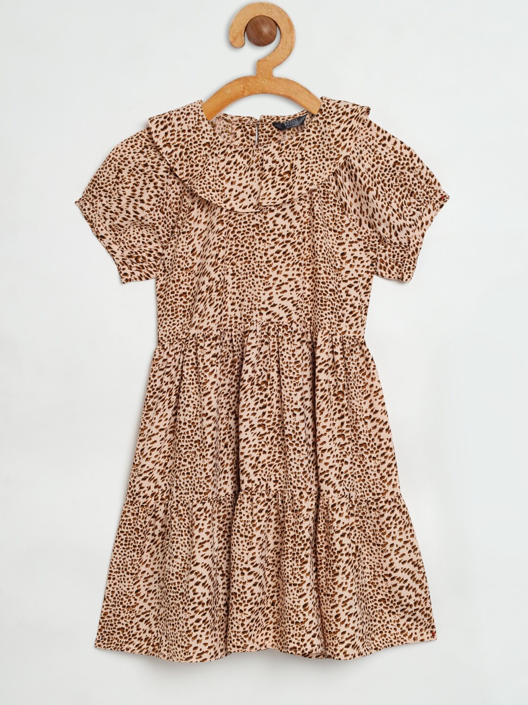 

HERE&NOW Girls Brown Animal Printed Puff Sleeve Fit & Flare Dress