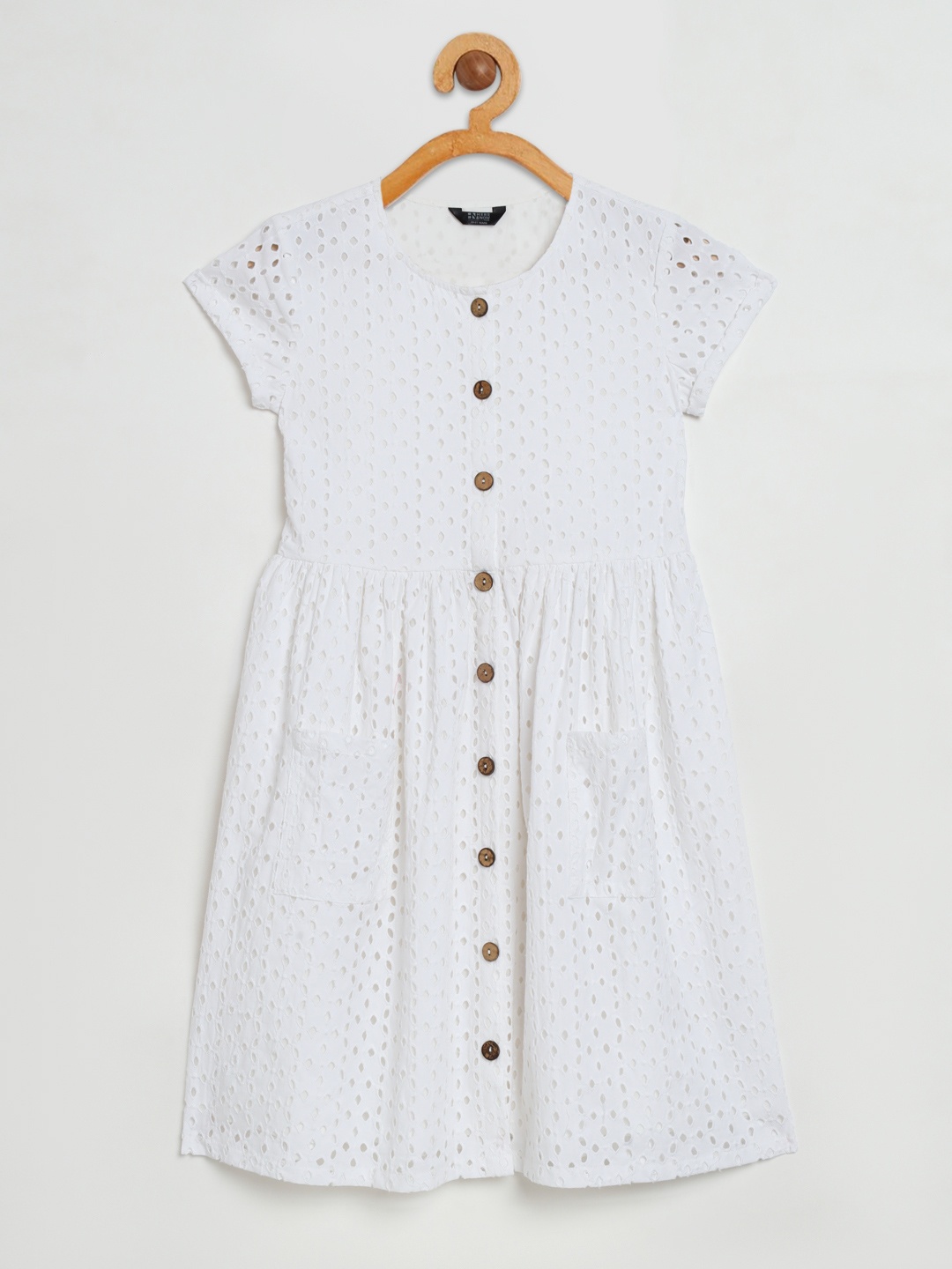 

HERE&NOW Girls White Self Design Fit & Flare Cotton Schiffli Dress