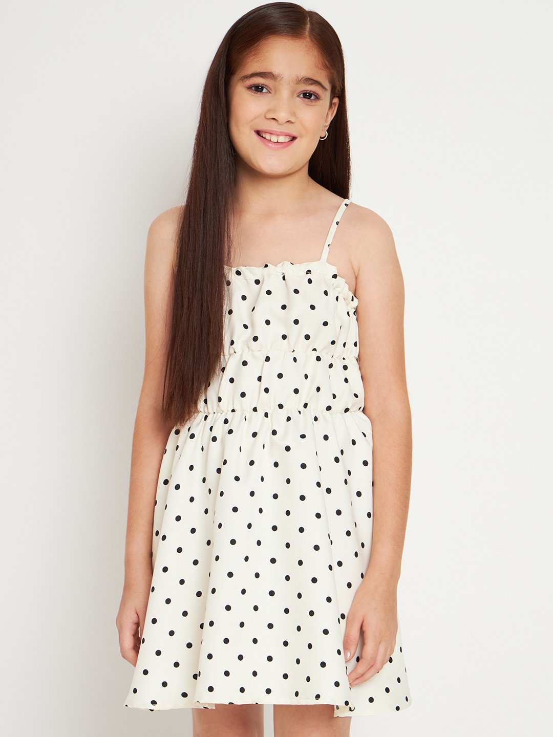 

HERE&NOW Girls Off White Polka Dots Printed Shoulder Straps Fit & Flare Dress
