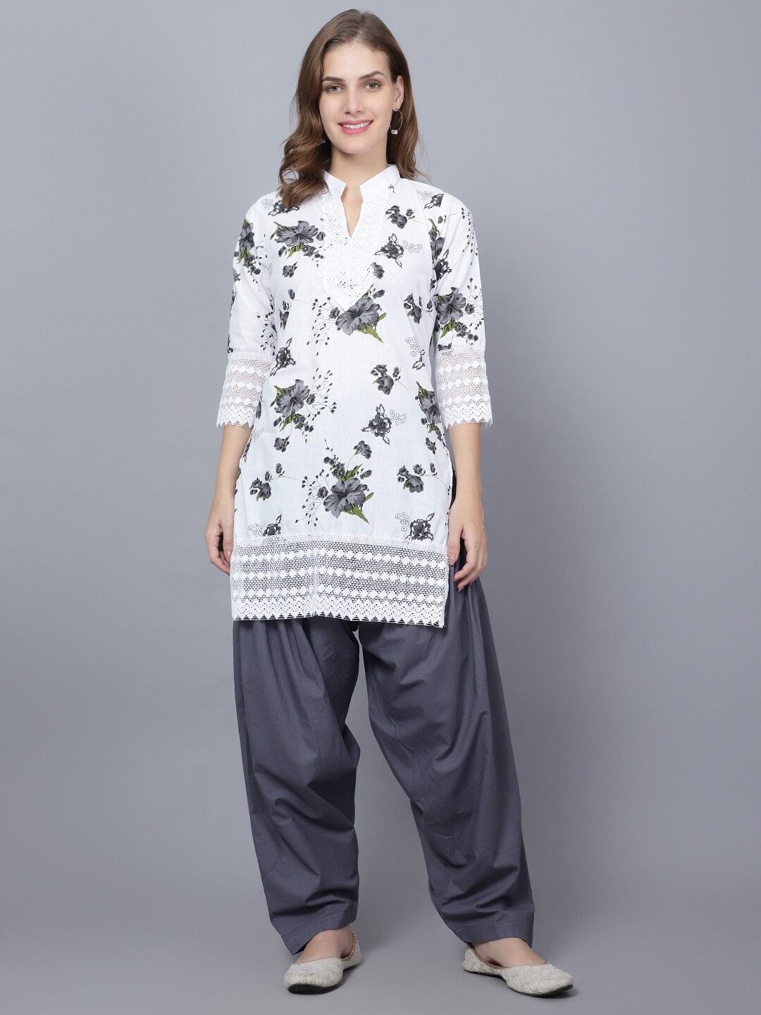 

Trendzmy Mandarin Collar Floral Printed Pure Cotton Kurti, White