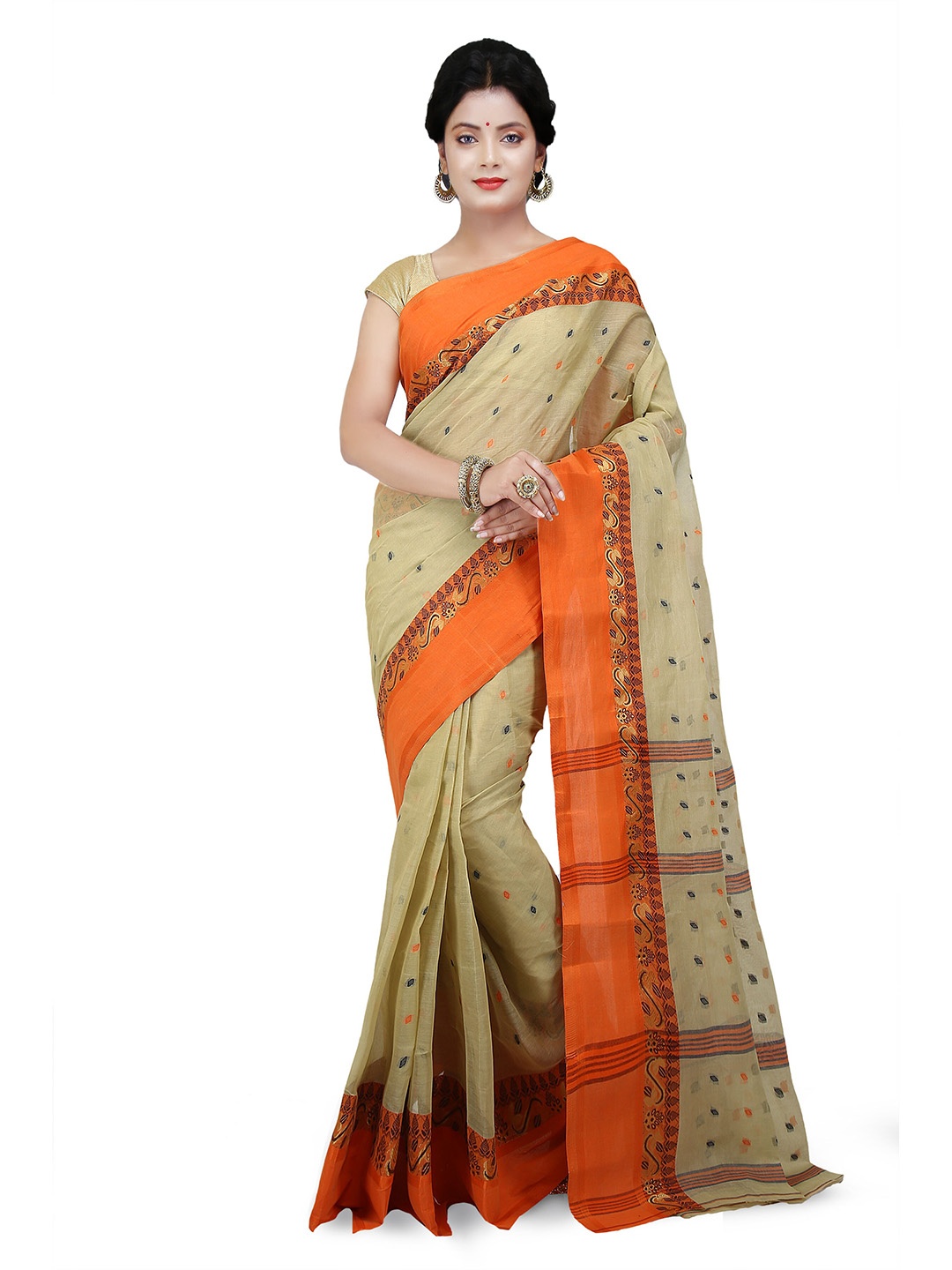 

WoodenTant Ethnic Motif Pure Cotton Taant Saree, Beige