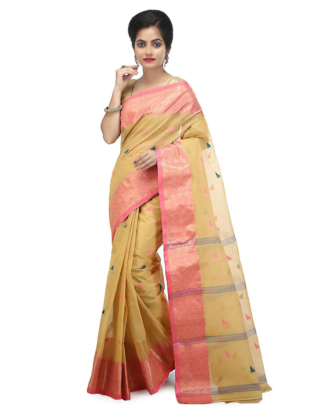 

WoodenTant Ethnic Motif Pure Cotton Taant Zari Saree, Camel brown