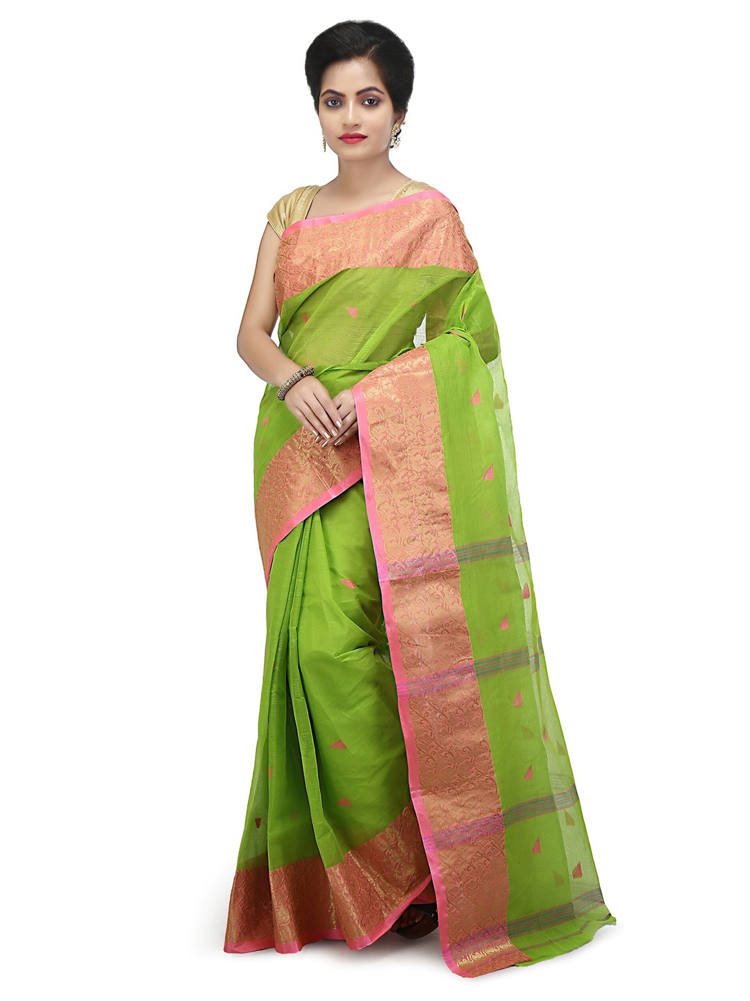 

WoodenTant Ethnic Motif Pure Cotton Taant Zari Saree, Green