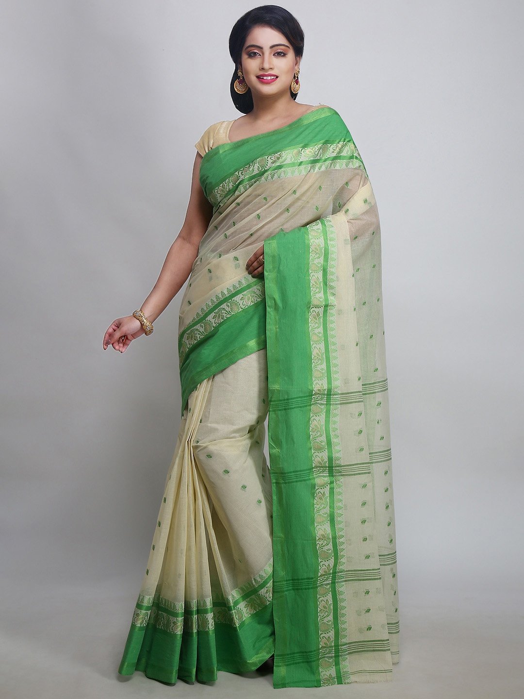 

WoodenTant Ethnic Motif Pure Cotton Taant Saree, White