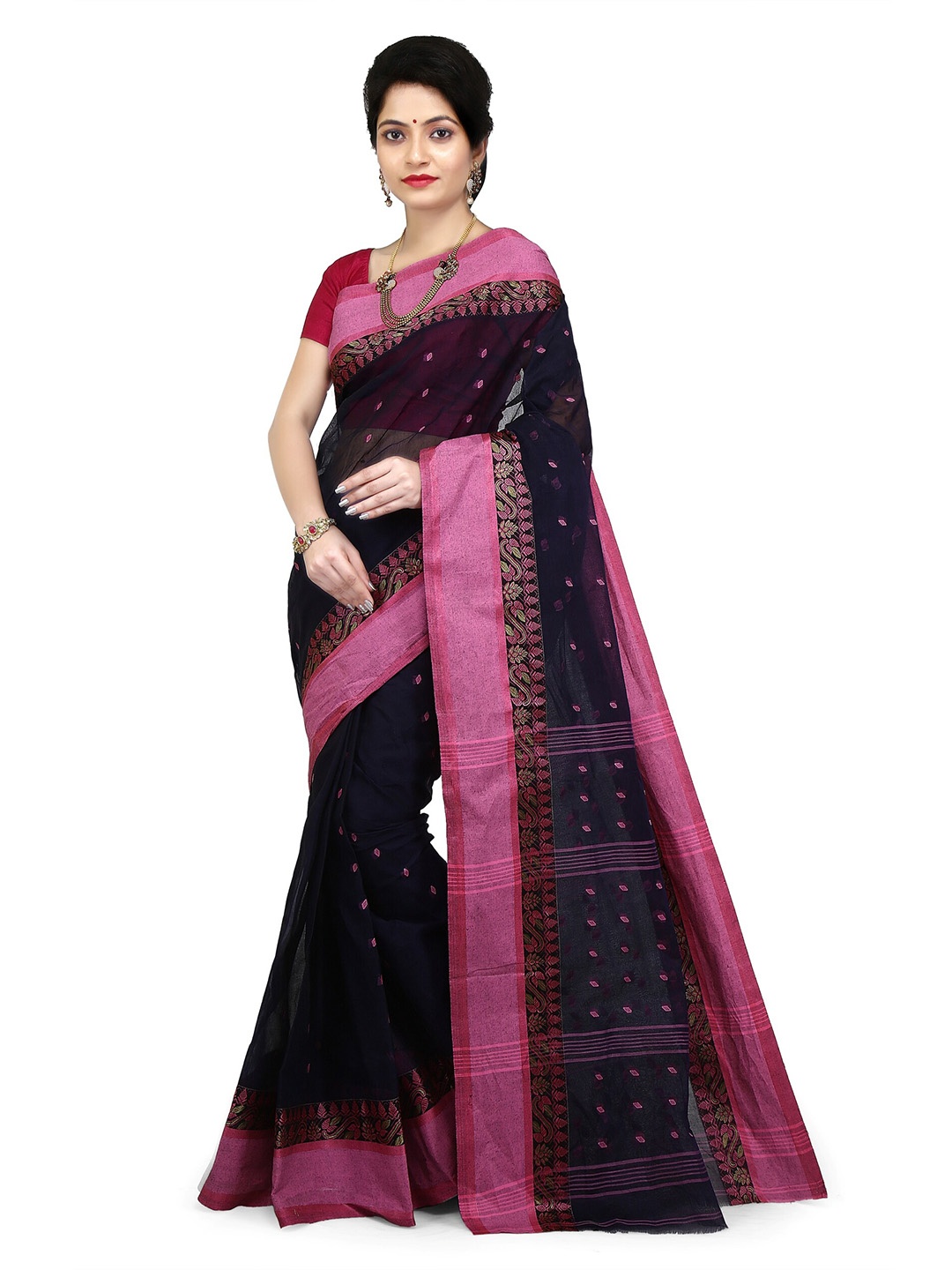 

WoodenTant Ethnic Motif Pure Cotton Taant Saree, Navy blue