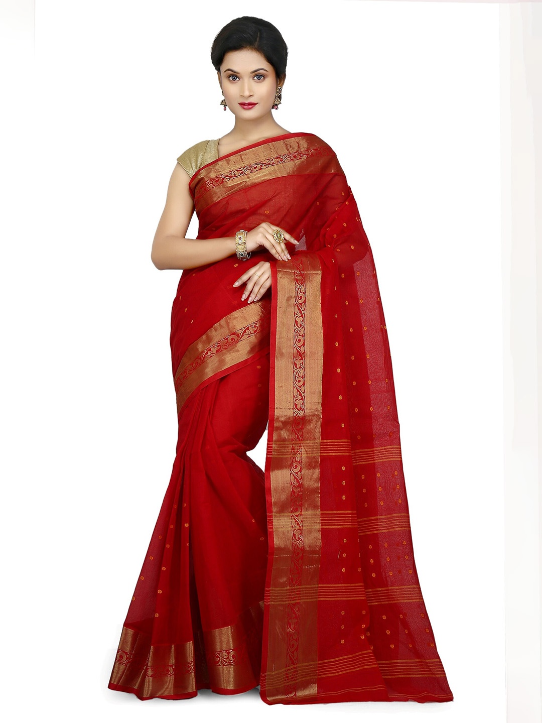 

WoodenTant Ethnic Motif Pure Cotton Taant Zari Saree, Red