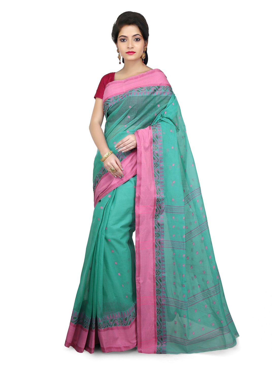 

WoodenTant Ethnic Motif Pure Cotton Taant Saree, Sea green