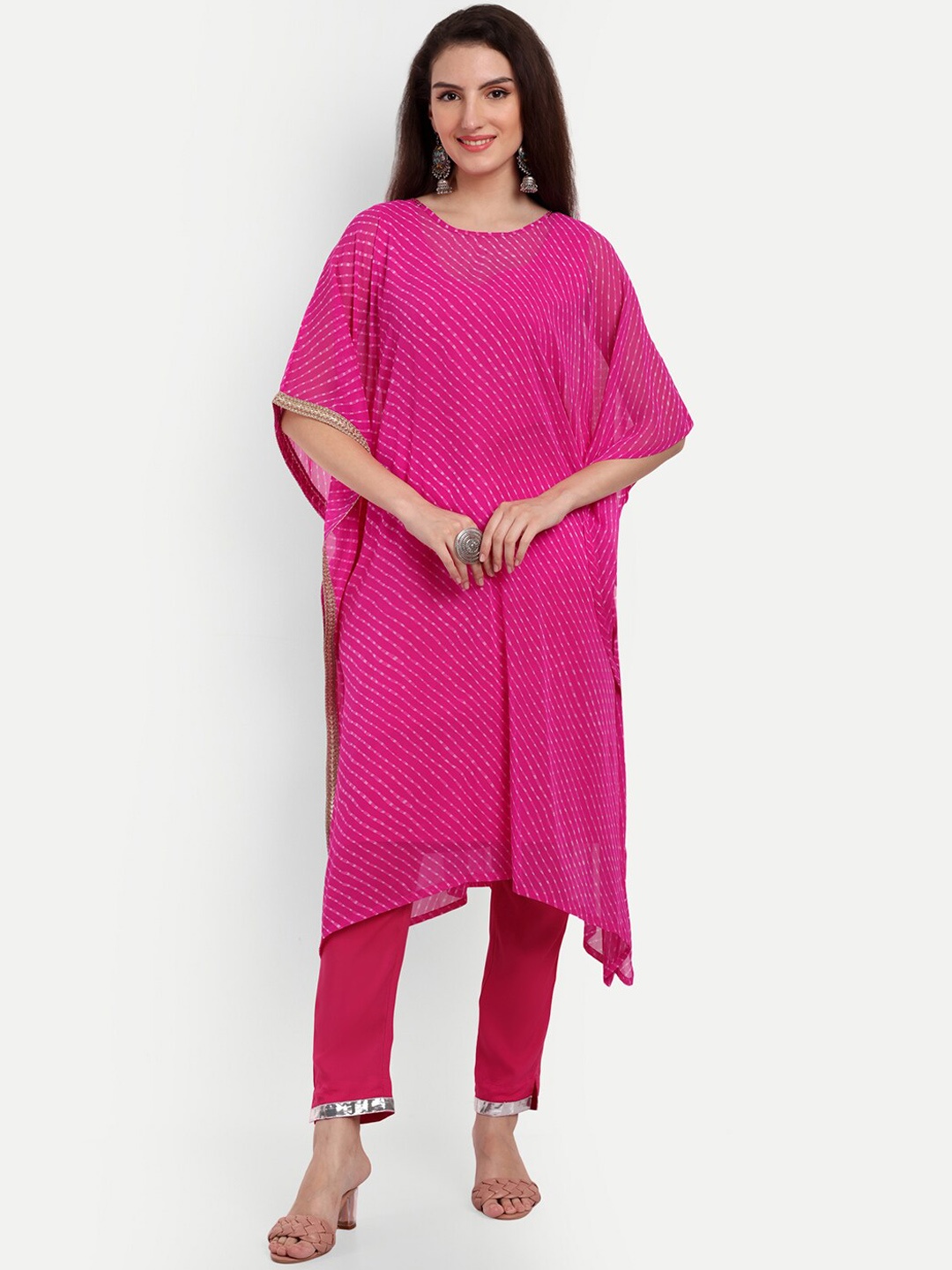 

KASHEEDA Leheriya Printed Asymmetric Georgette Kaftan Kurta, Pink