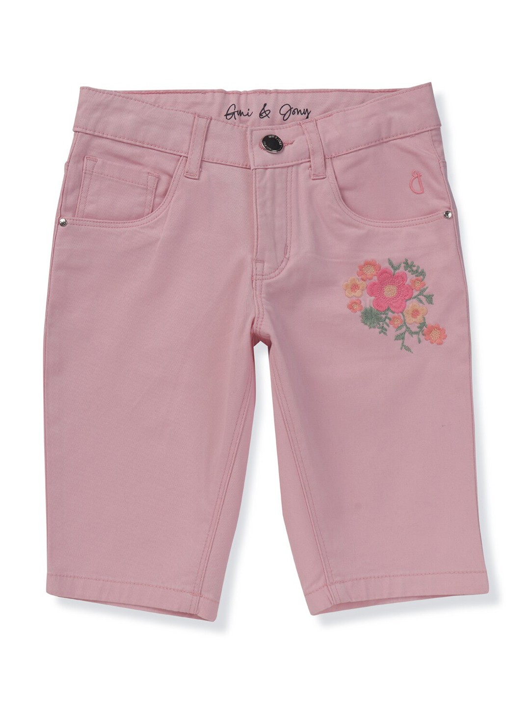 

Gini and Jony Girls Floral Embroidered Cotton Capris, Pink
