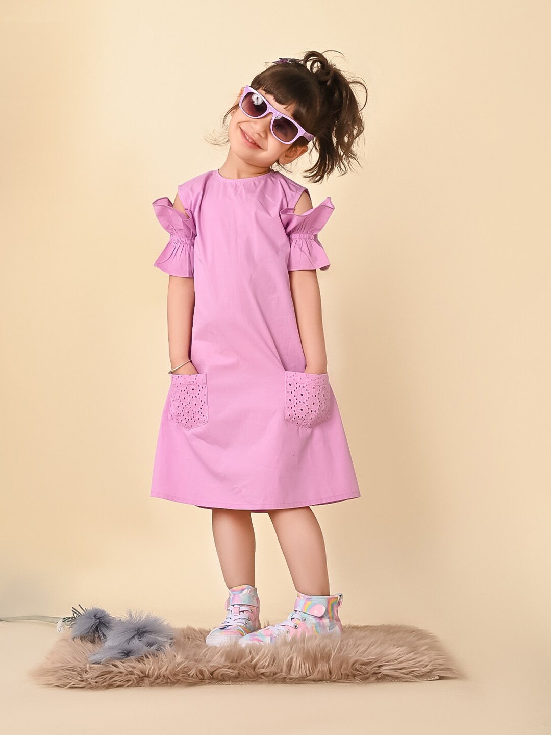 

LilPicks Girls Round Neck Cold-Shoulder Sleeves Cotton A-Line Dress, Pink