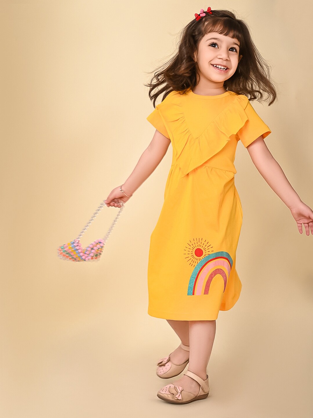 

LilPicks Girls Graphic Printed Ruffled Cotton Fit & Flare Midi Dress, Yellow