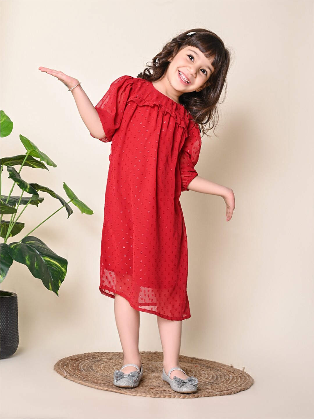 

LilPicks Girls Puff Sleeves A-Line Midi Dress, Red