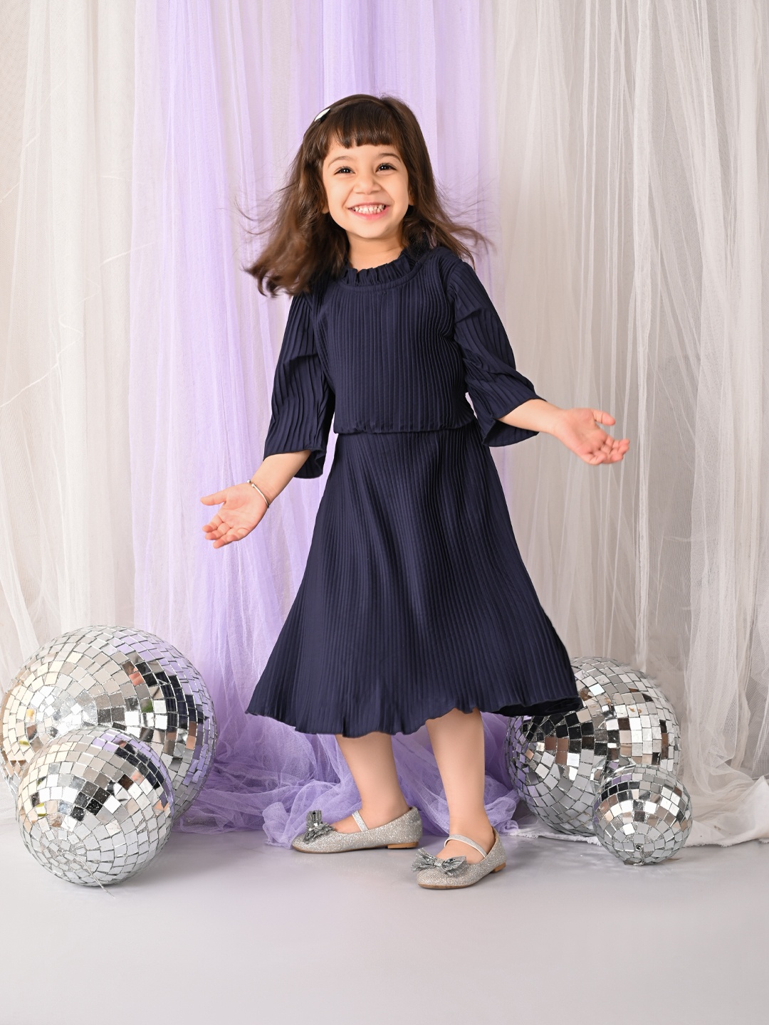 

LilPicks Girls Flared Sleeves Fit & Flare Dress, Navy blue