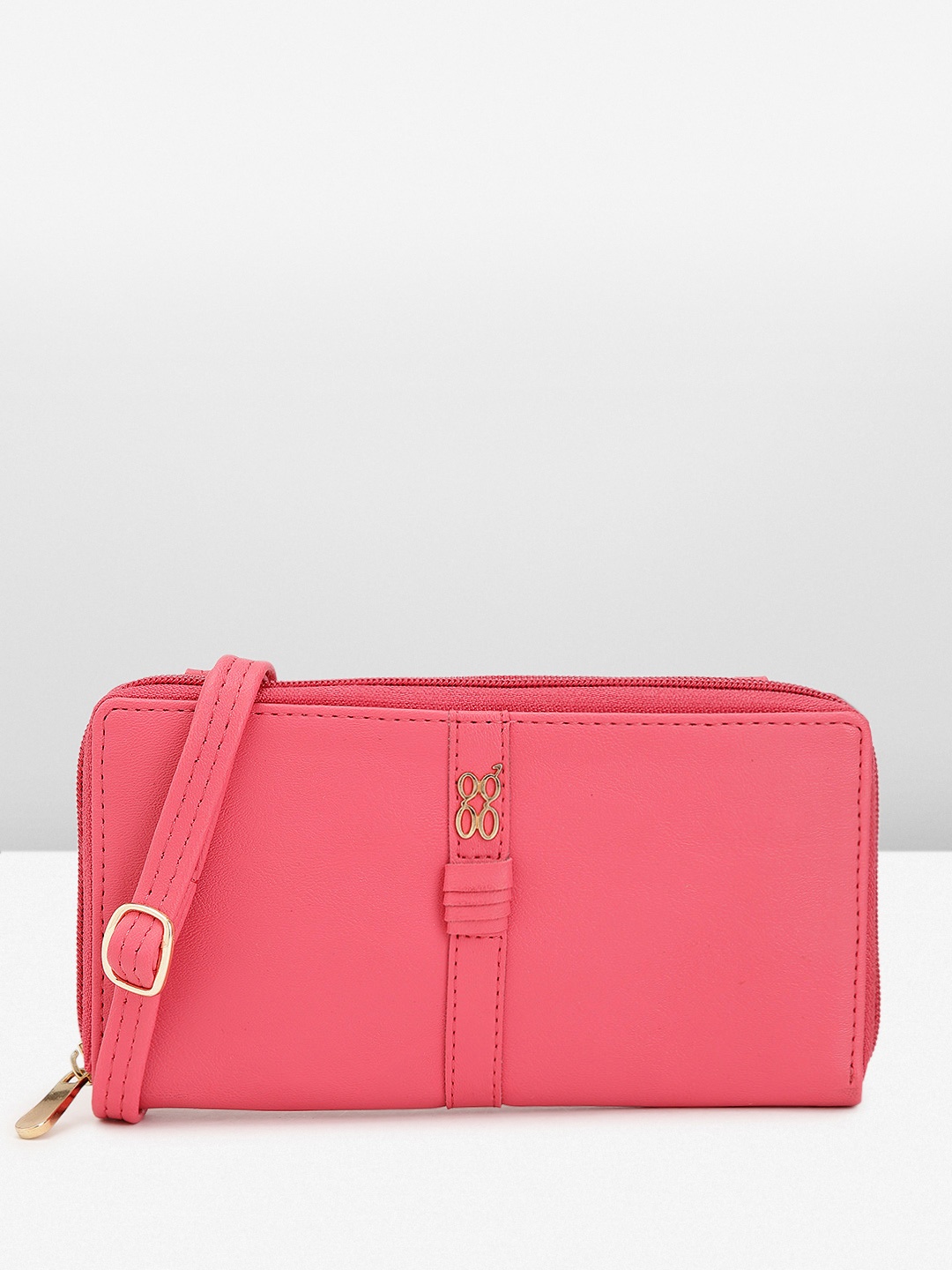 

Baggit Women Solid Applique PU Zip Around Wallet With A Detachable Sling Strap, Pink