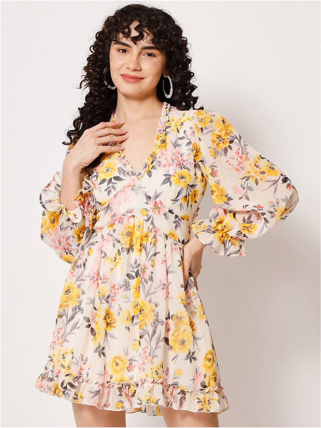 

HERE&NOW Beige & Yellow Floral Printed Styled Back Empire Mini Dress