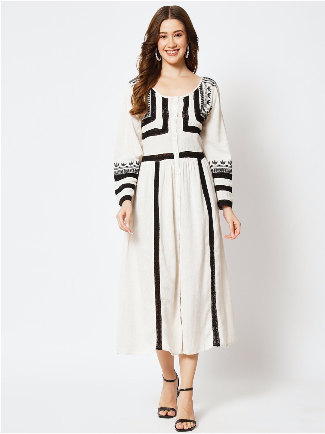 

HERE&NOW White Floral Embroidered A-line Midi Dress